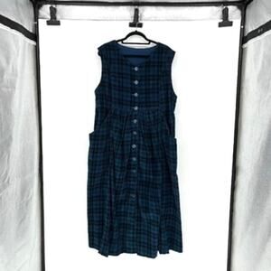 VTG Handmade Black and Blue Plaid Corduroy Jumper Dress - Plus 1X - Cottagecore